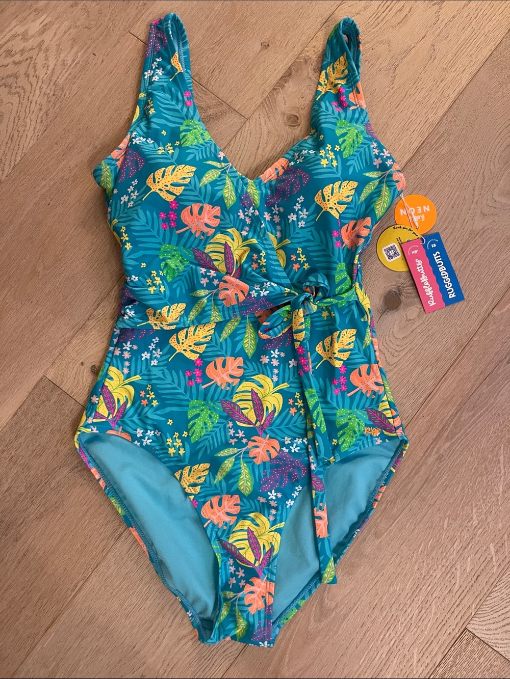 Ruffle Butts Womens Teal Tropical Leaf Print One-Piece Swimsuit